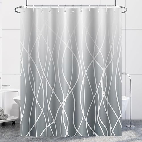 Miniatura 155 de Cortina de ducha pequeña a rayas gris claro degradado para baño, 36 x 72 pulgadas, juego de cortina de ducha geométrica para cabina de RV con Gris