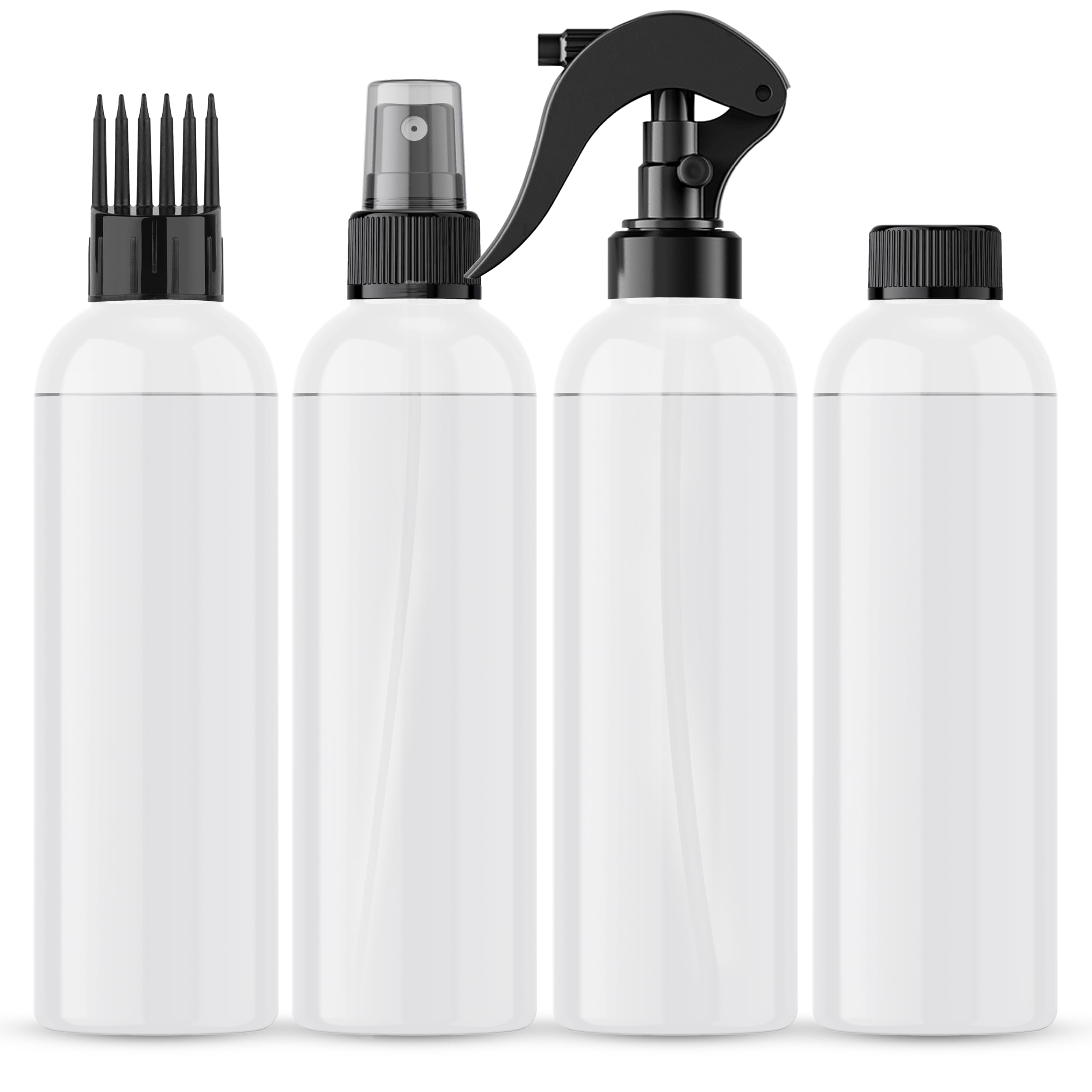 transparent clear empty diy refillable spray & applicator bottle set 200ml (pack of 4) fine mist/trigger spray/oil applicator comb cap/closed cap | used in water, styling & liquid use