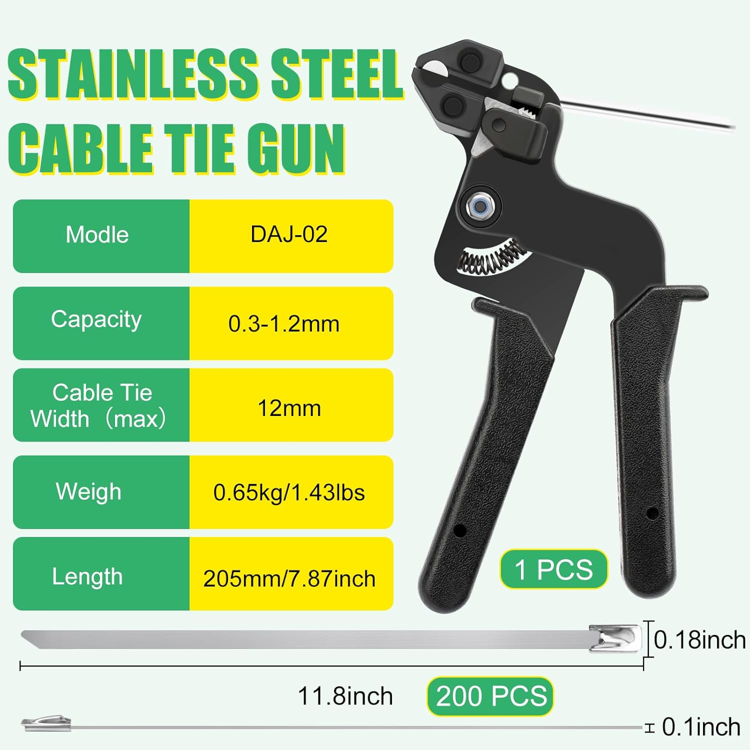 Heavy Duty Stainless Steel Cable Tie Gun Kit with 200PCS 11.8 Inch Self-Locking Metal Zip Ties, Adjustable Tension Cutting Tool for Garden Fence Repair, Automotive & Outdoor Projects (11.8'')