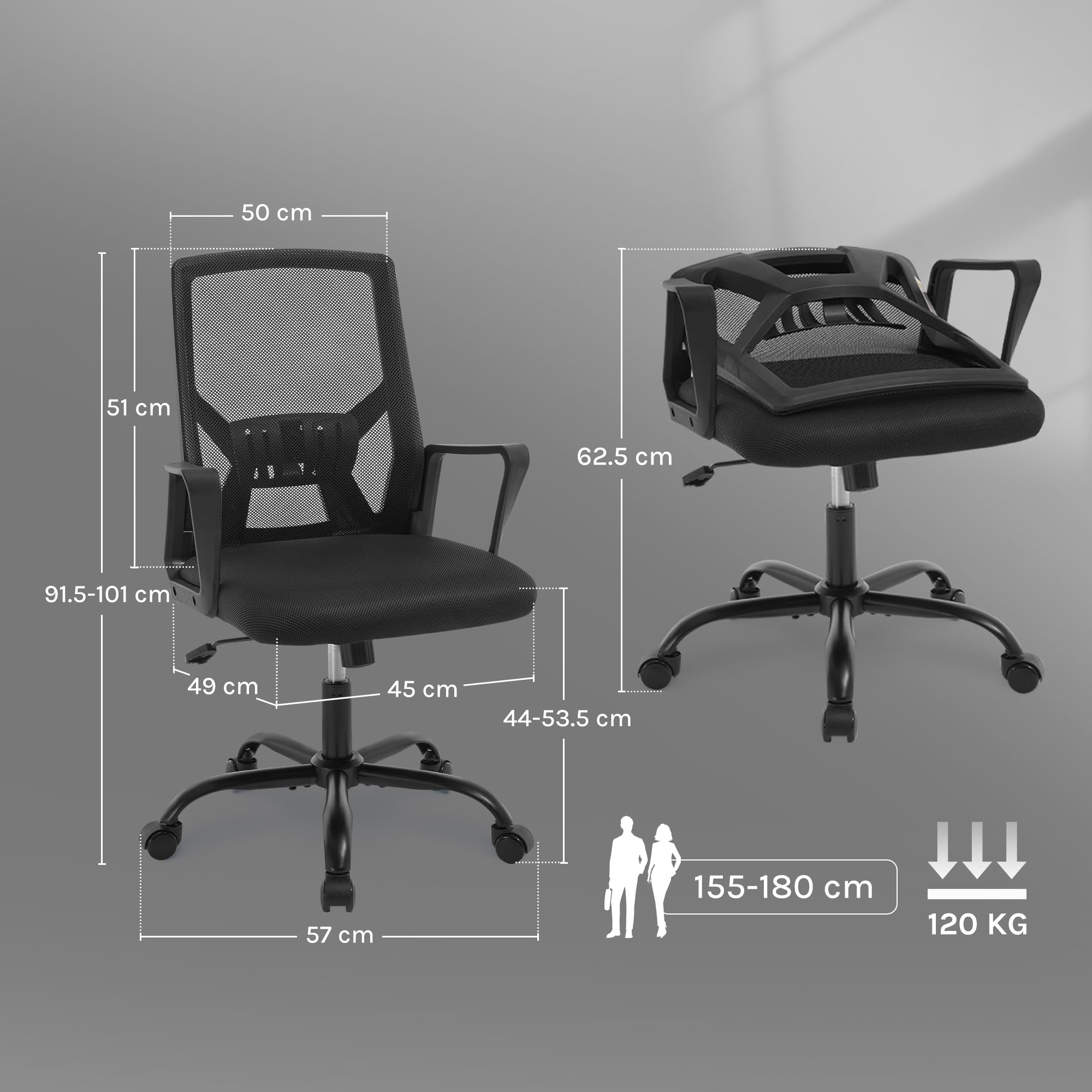 Chaise Bureau Ergonomique avec Dossier Rabattable en Maille Haute Élasticité, Fauteuil Bureau avec roulettes Universelles à 360° et Accoudoirs, Noir