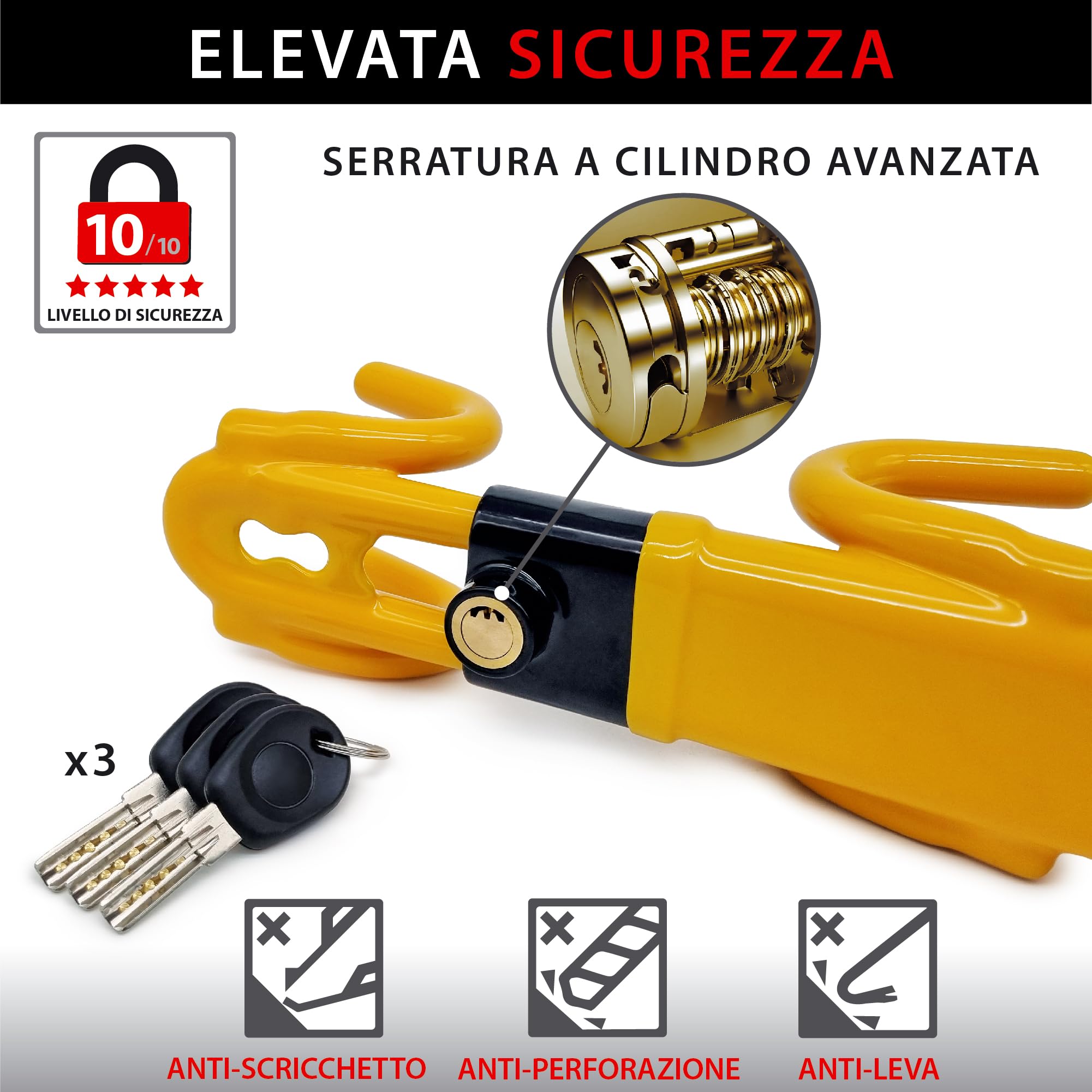 KRASER KR842Y Antifurto Auto Blocca Sterzo Alta Sicurezza, Doppio Gancio Regolabile, Piu Sicuro e Deterrente, Blocco Volante Protezione Antigraffio, Bloccasterzo Universale Automobile Camper Fourgone