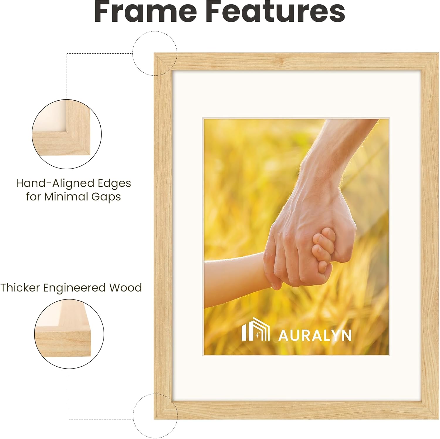 AURALYN Wall Frames 11x14 Picture Frame Set of 3 – Fits 8x10 with Mat or 11x14 Without Mat – Wood Grain, Easy to Hang, Finger-Friendly, Includes Hanging Kit (Wood Frames, 3 Pack)