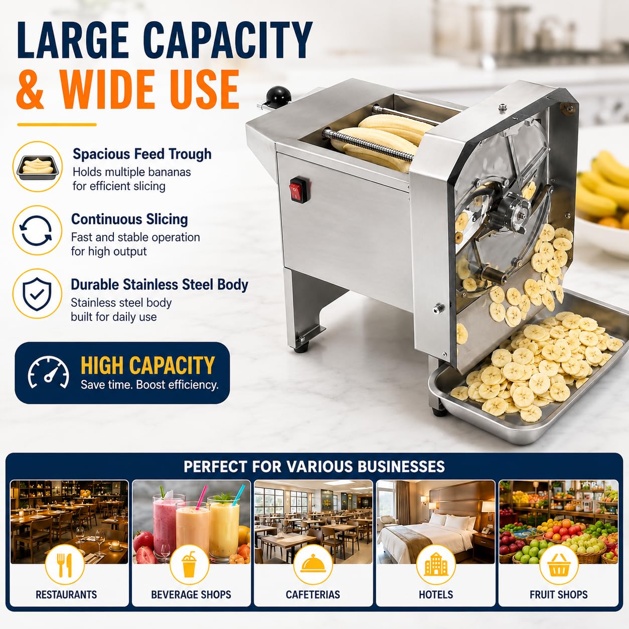 Macchina dell'affettatrice della banana dell'acciaio inossidabile di 130 giri/min, spessore di 0-9 millimetri | Lame in acciaio 5Cr, taglio orizzontale o verticale, design scivolo e serrature di sicurezza per uso cucina