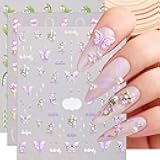 Floral Nail Art Stickers 5D Embossed Self-Adhesive Pink Tulip Lily of The Valley Flowers Butterfly Nail Decals 3Pcs Nail Stickers Nail Art Supplies for Women Acrylic DIY Manicure Spring Nail Decor