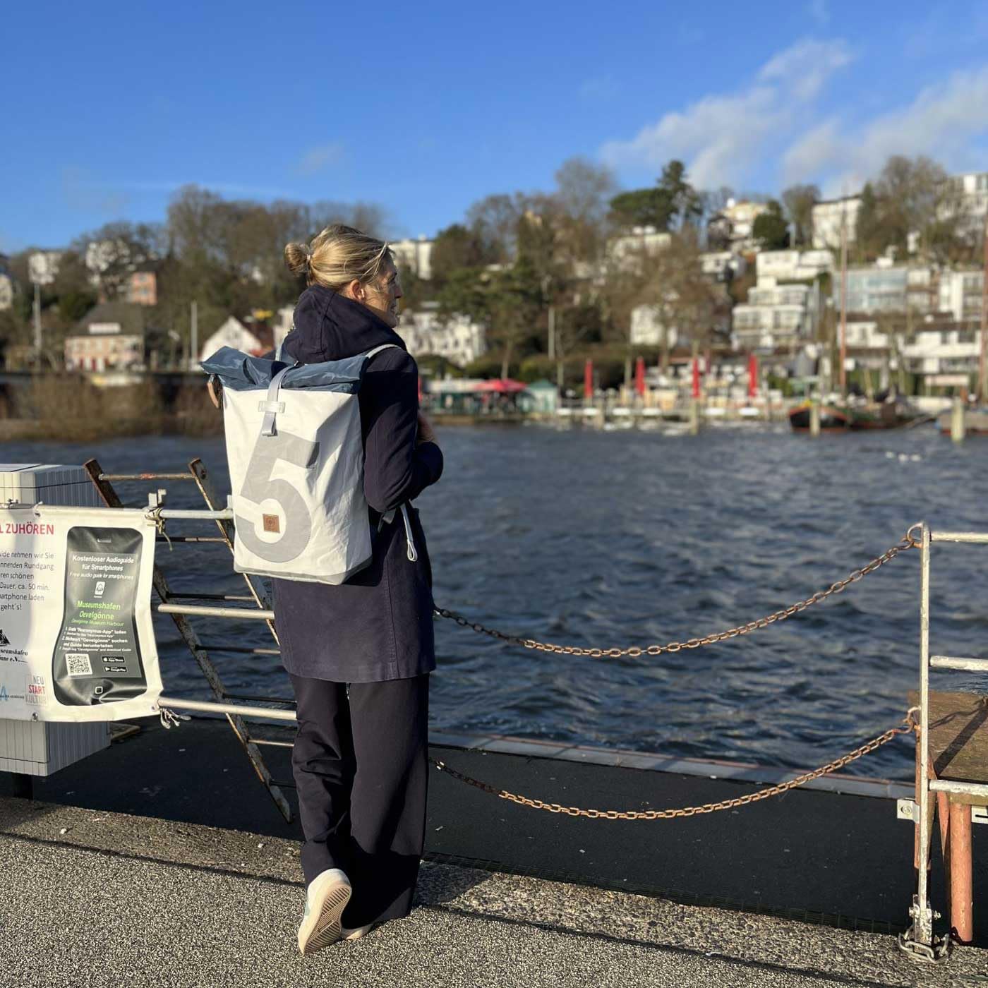 360° Grad Tide Rucksack Segeltuch weiß-blau, Zahl hellgrau