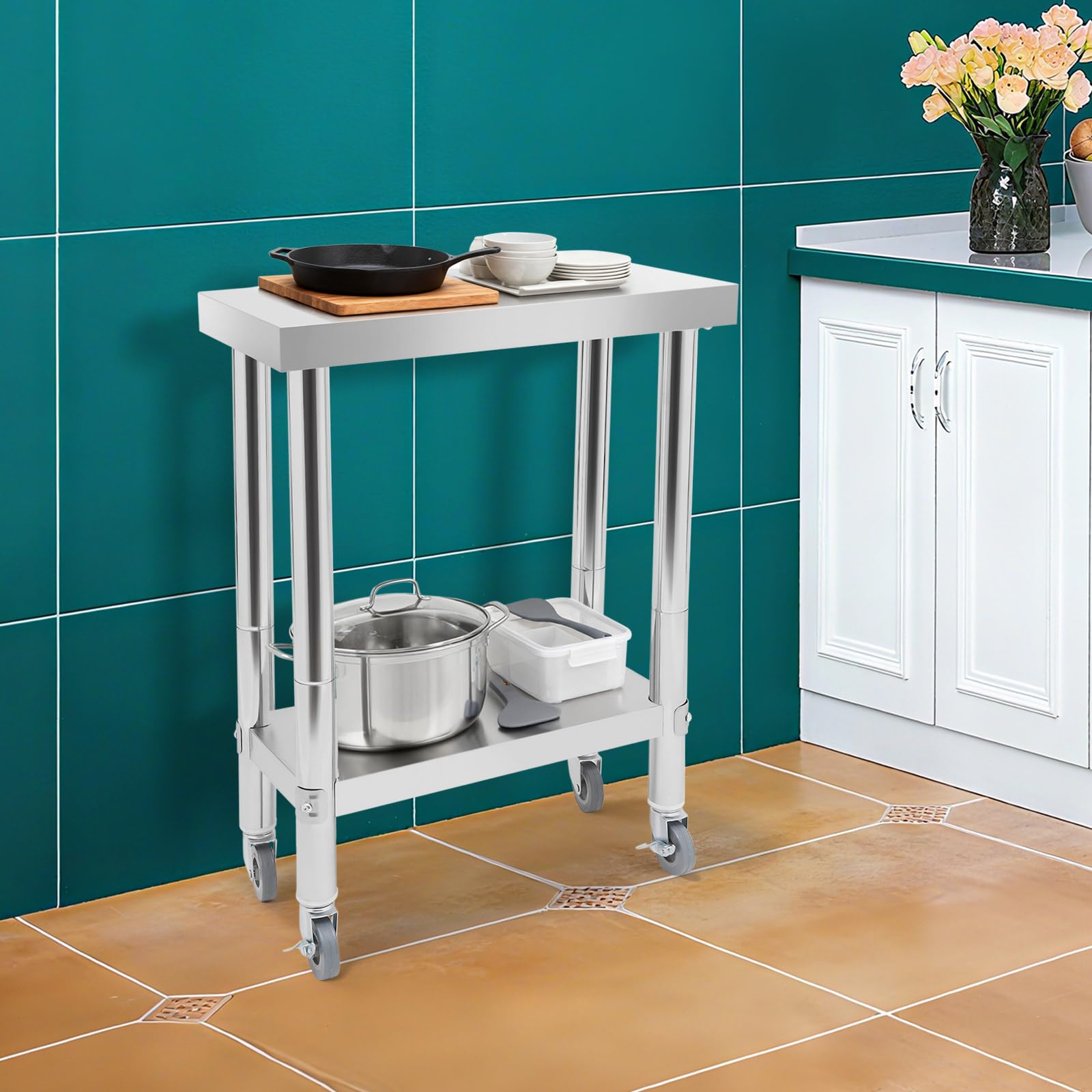 Tavolo da lavoro in acciaio inox, 60 x 45 cm, per gastronomia, portata 300 kg, in acciaio inox, per cucine, hotel, panetterie, lavanderia