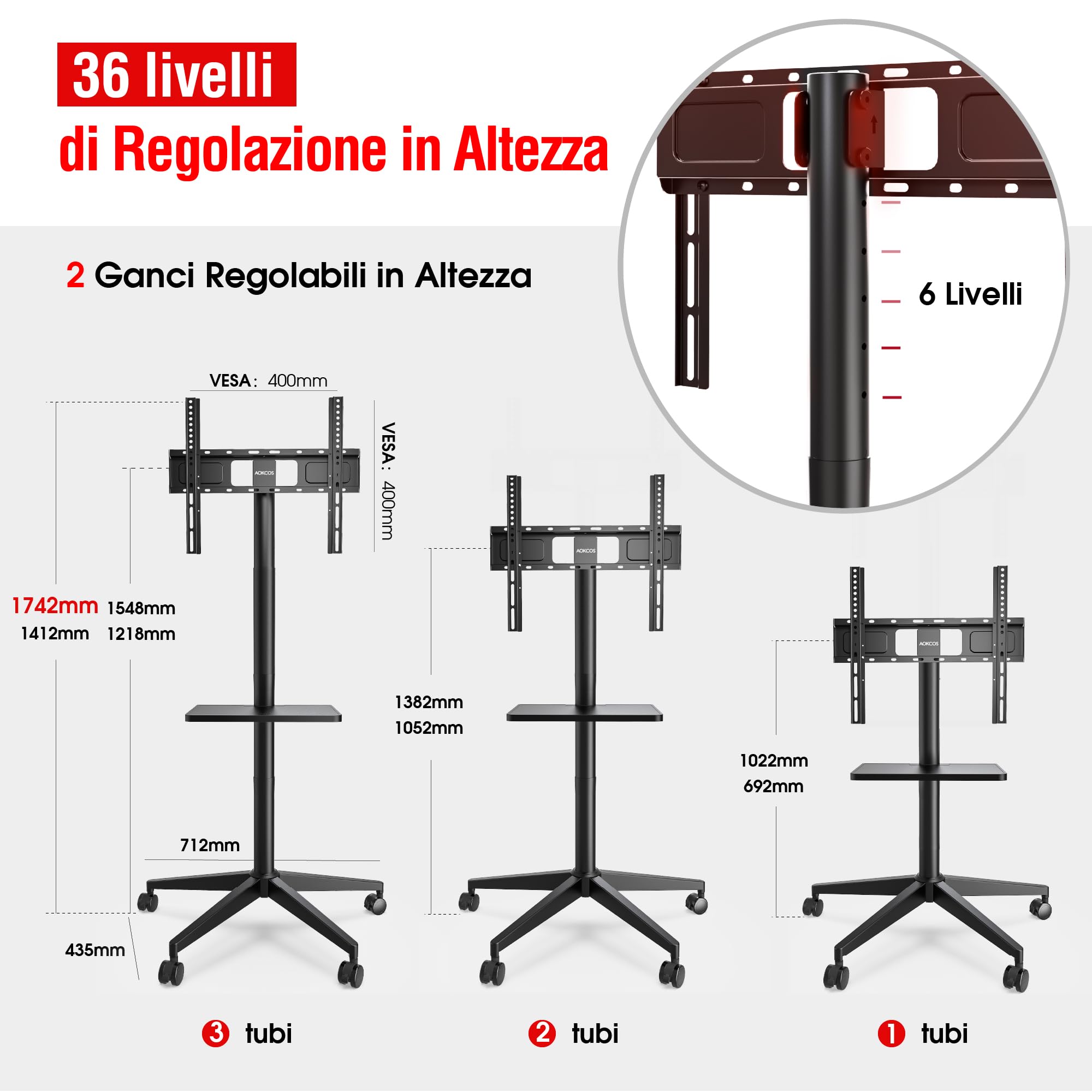 AOKCOS Carrello Porta TV 174cm Inclinabile, 32-65 Pollici Supporto TV da Pavimento Altezza Regolabile, Porta TV da Terra Max VESA 400x400mm 40kg