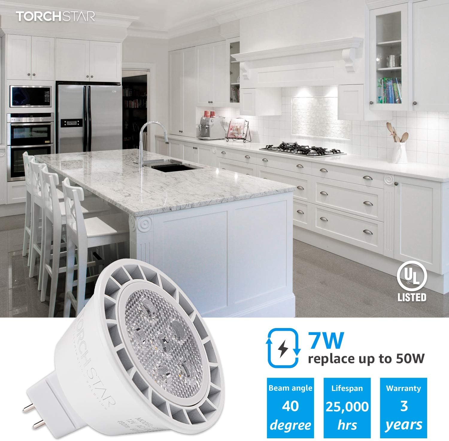 TORCHSTAR 12-Pack MR16 LED Bulb Dimmable, ‎Aluminum, GU5.3 7W 50W Equivalent, 5000K Daylight, Recessed Track Lighting Spot Lights, 490LM LED Bulb, UL Listed, 12V Low Voltage Light Bulbs