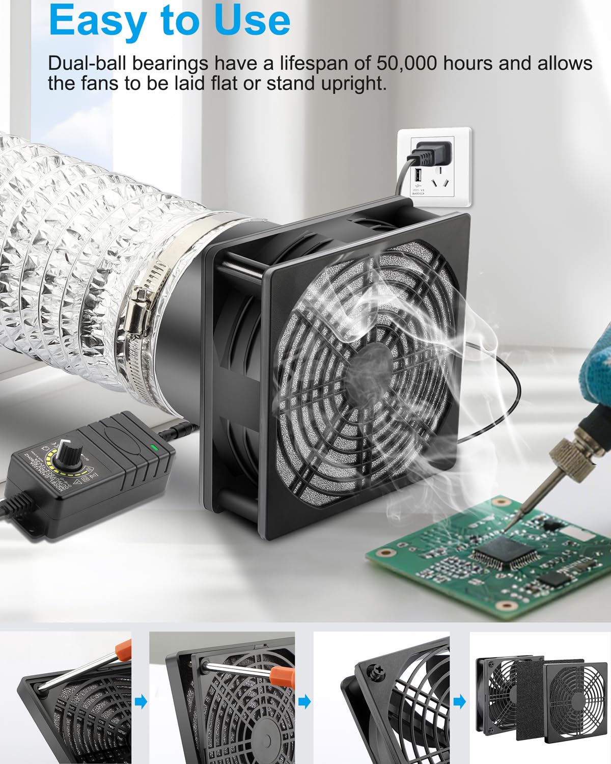GDSTIME Ventilateur axial 120 mm x 38 mm 12 V DC avec bride de conduit de 10,2 cm à vitesse variable