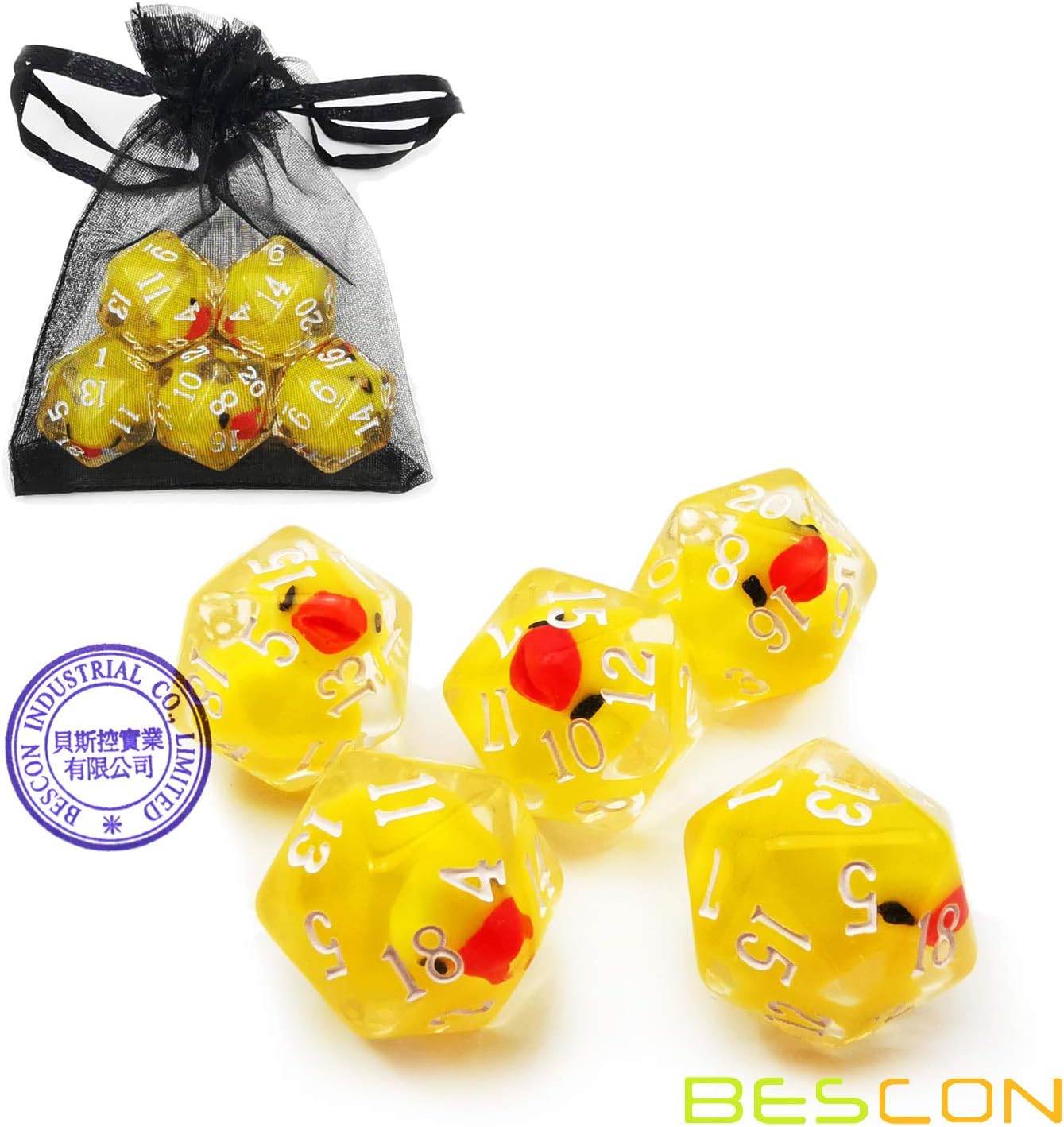 BESCON DICE Yellow Duck 20 Sides Dice Set of 5, Duck D20 5pcs Set