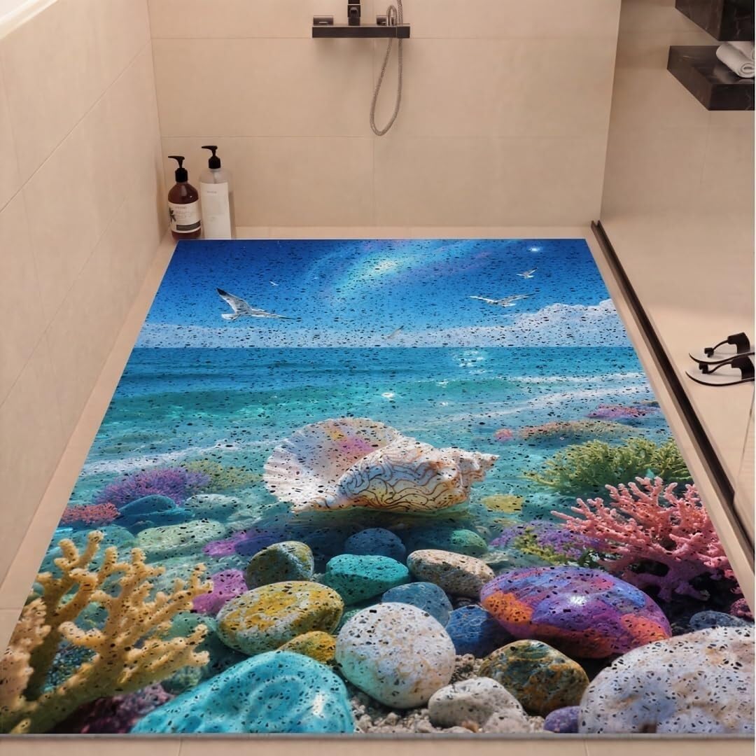 Tapis de luffa en Caoutchouc imprimé Ocean World, à séchage Rapide, adapté aux sols de Douche