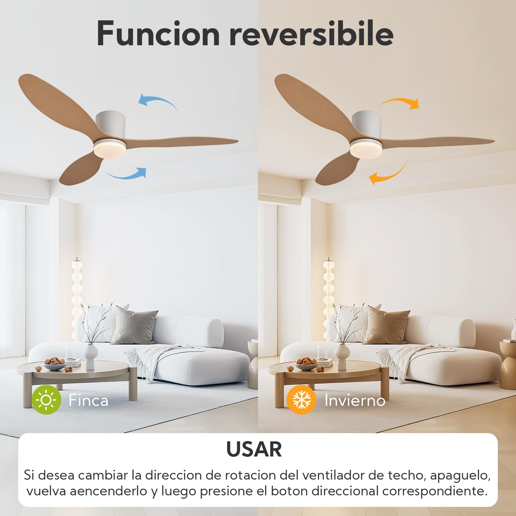 Ventilador de Techo Grande con Luz y Mando 132cm (52"), Motor DC Silencioso, 3 Aspas Plástico Efecto Madera Clara, LED Regulable, Estilo Nórdico para Salón, Blanco y Madera