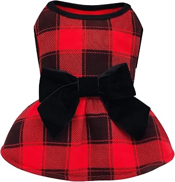 KYEESE Christmas Dog Dress Red Buffalo Check Dogs Dresses with Bowtie Small Dog Dress