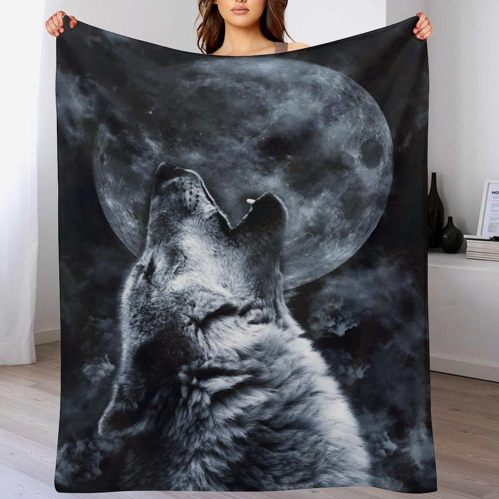 Manta de franela para sofá de lobo Moon, calidez acogedera para noches de cine