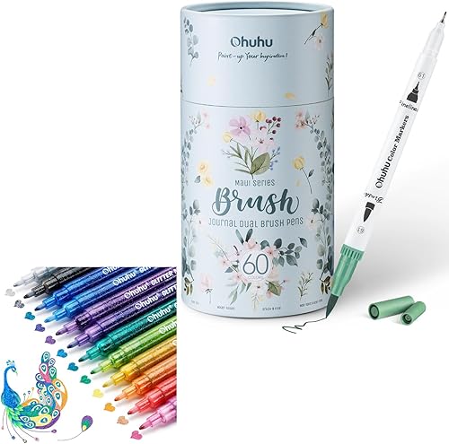 Ohuhu Marcadores para libros de colorear para adultos, 60 colores y 12 marcadores con purpurina