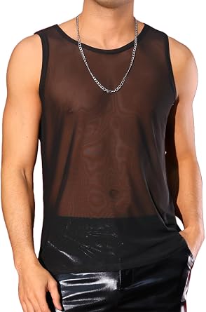 Lars Amadeus Mens Mesh Sheer Tank Top Sleeveless Crew Neck Party Disco