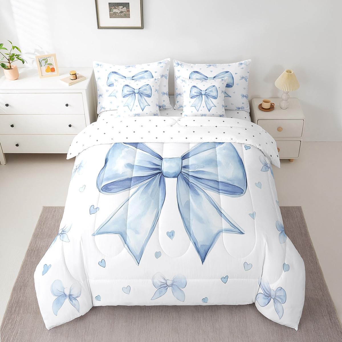 Erosebridal Cute Blue Bowknot Bed in A Bag with Sheets for Kids Girls Teen,Kawaii Dreamy Bow Queen Comforter Set 7 Piece Princess Blue White Heart Decor Bedding Set Soft Sheet Set with Comforter
