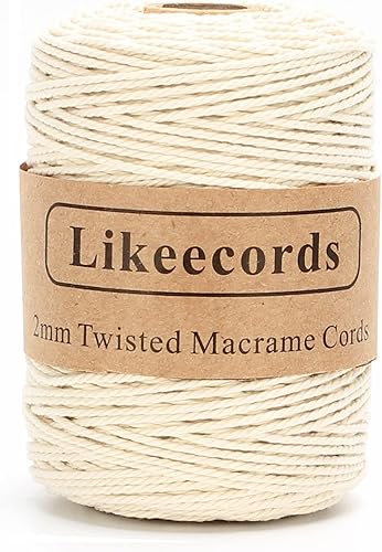 Cordón de macramé de 0.079 pulgadas (0.079 in), 492.1 ft, flexible y suave, cuerda anudada de algodón natural, hilo de macramé, 3 hebras de algodón