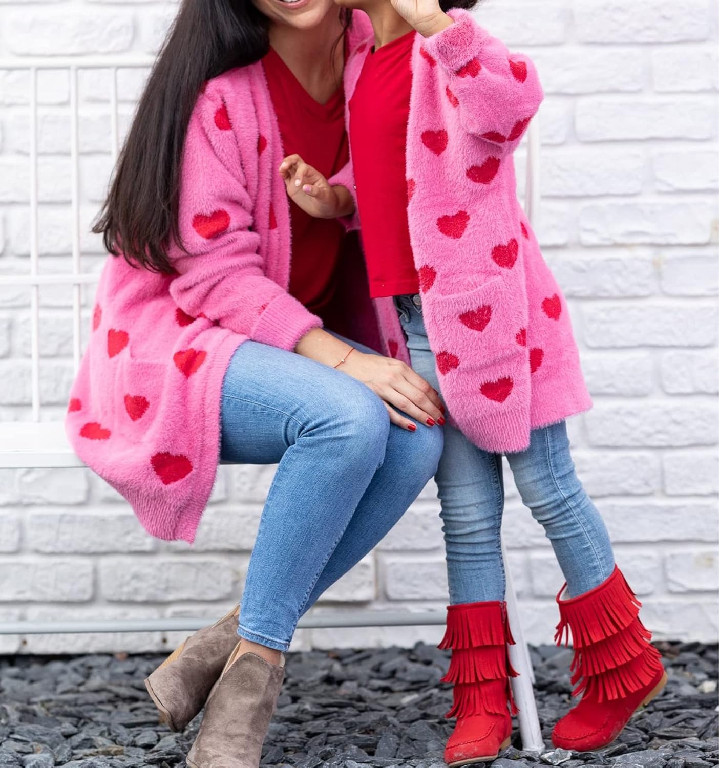 Mother and Me Matching Outfits Heart Sweater Cardigan Valentines Clothes Long Sleeve Sweater Outerwear
