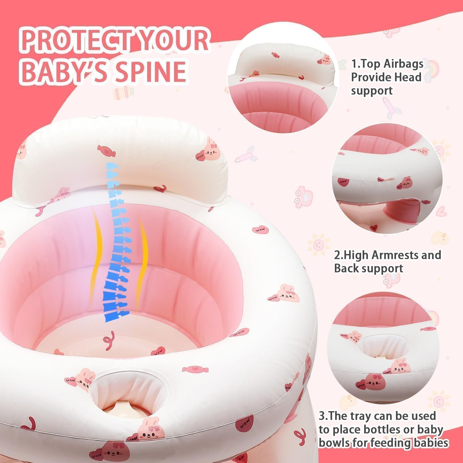 Aufblasbarer Sitz Baby für Babys ab 3-36 Monaten, Faltbarer Aufblasbarer Inflatable Baby Seat mit Integrierter Pumpe, Toddler Sitzhilfe (Kaninchen)