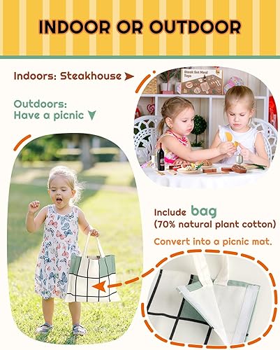 Miniatura 3 de RRIBOUDWAN Juguetes de madera para niños, juego de cocina incluye cuatro tipos de carne, pasta, ensalada de verduras y vino, juguetes para el