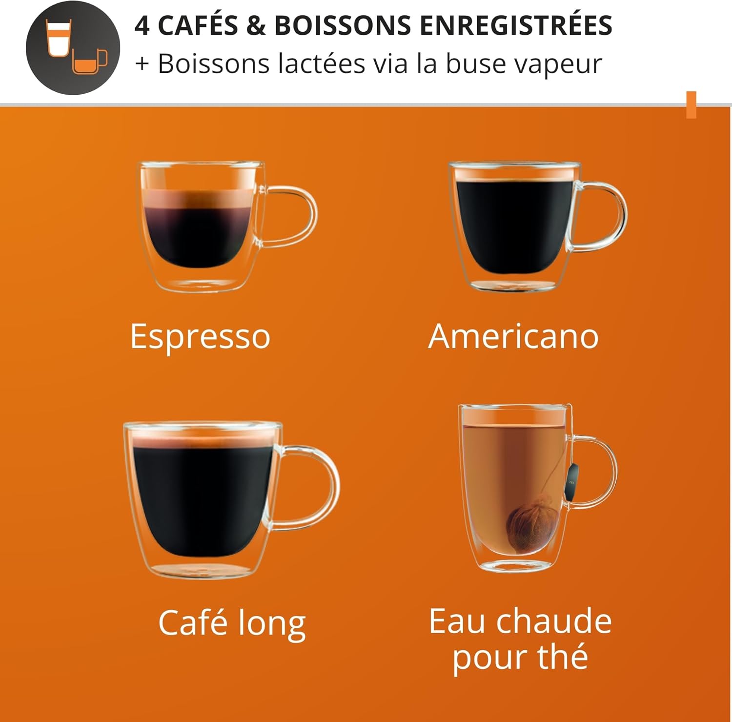 Four types of coffee drinks: Espresso, Americano, Long Coffee, and Hot Water for tea.