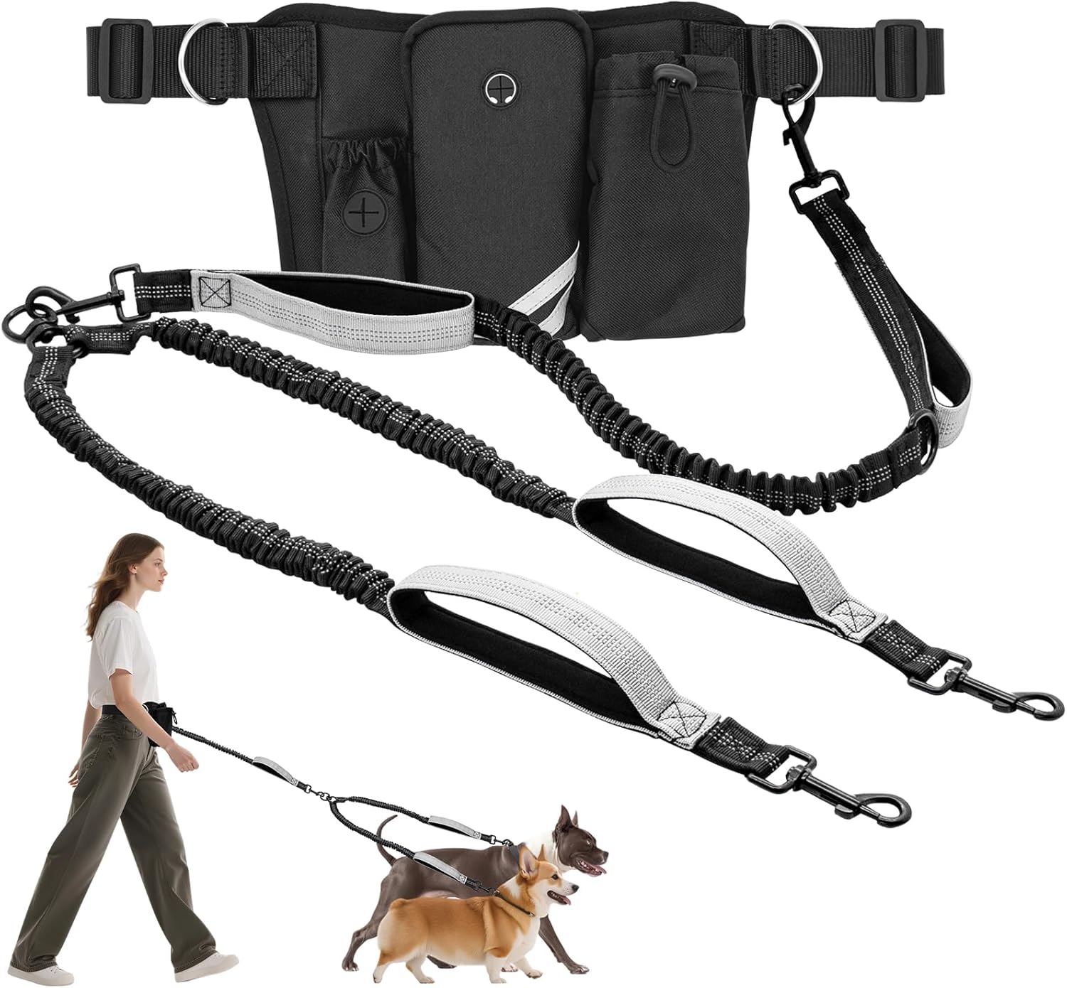 Hands Free Double Dog Leash with Waist Bag for Walking Two Dogs, Shock Absorbing Bungee Leash with Zipper Pouch for Running, Dual Padded Handles & Adjustable Waist Belt