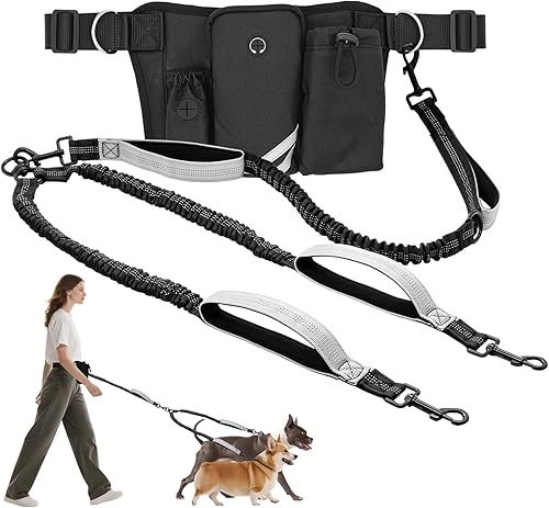Miniatura 9 de Correa de perro manos libres con bolsa de cintura para pasear perros grandes, correa elástica que absorbe los golpes con bolsa con cremallera