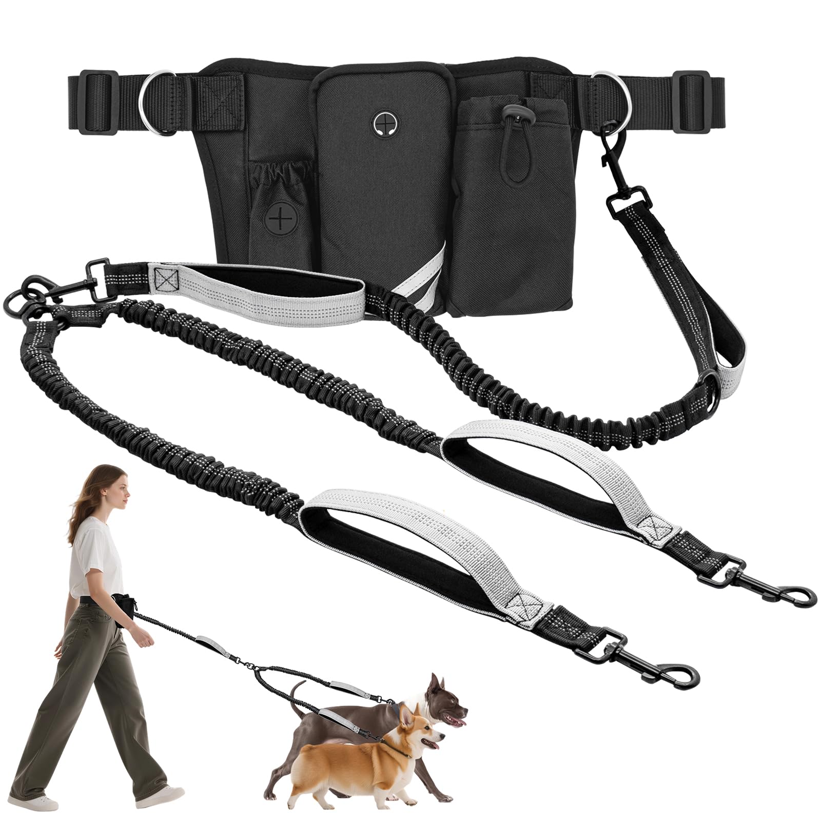 Hands Free Double Dog Leash with Waist Bag for Walking Two Dogs, Shock Absorbing Bungee Leash with Zipper Pouch for Running, Dual Padded Handles & Adjustable Waist Belt