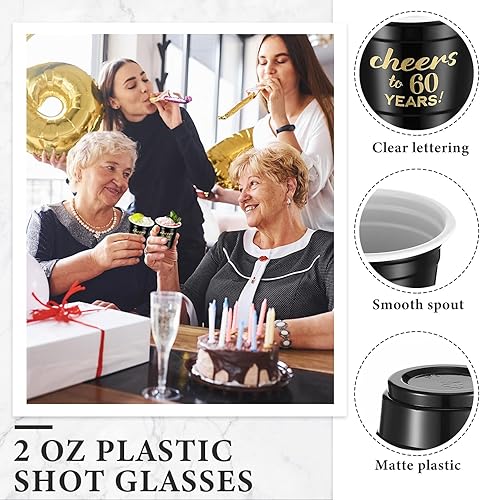 Miniatura 3 de 100 vasos desechables de plástico de 2 onzas con texto en inglés "Cheers to 30", 40, 50, 60 y 70 años, vasos de plástico desechables para