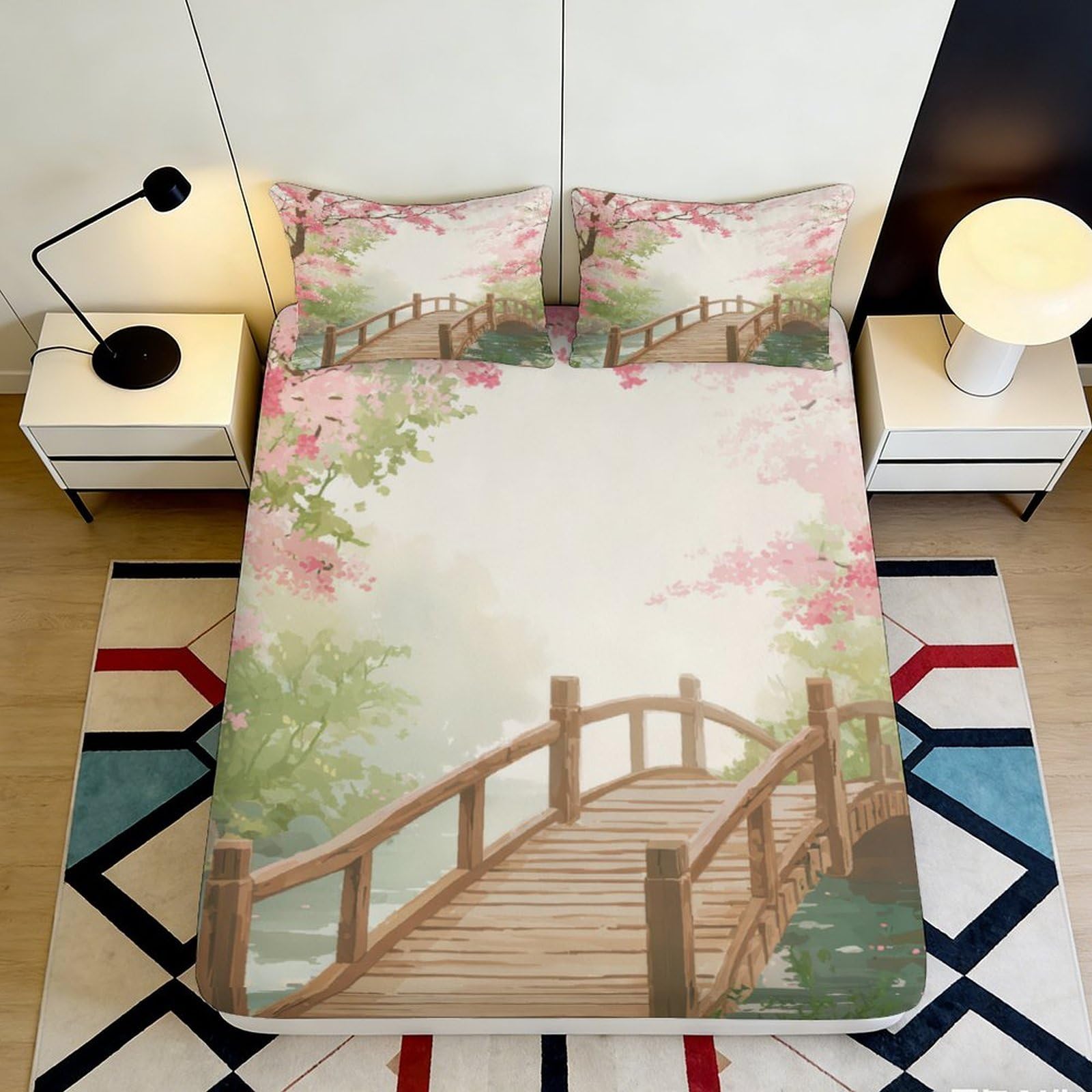3D Printed Cherry Blossom Bridge Fitted Sheet Microfiber Soft Breathable Floral Bed Cover for Bedroom Dormitory Guest Room Mattress Protection Decor 120x200x25cm