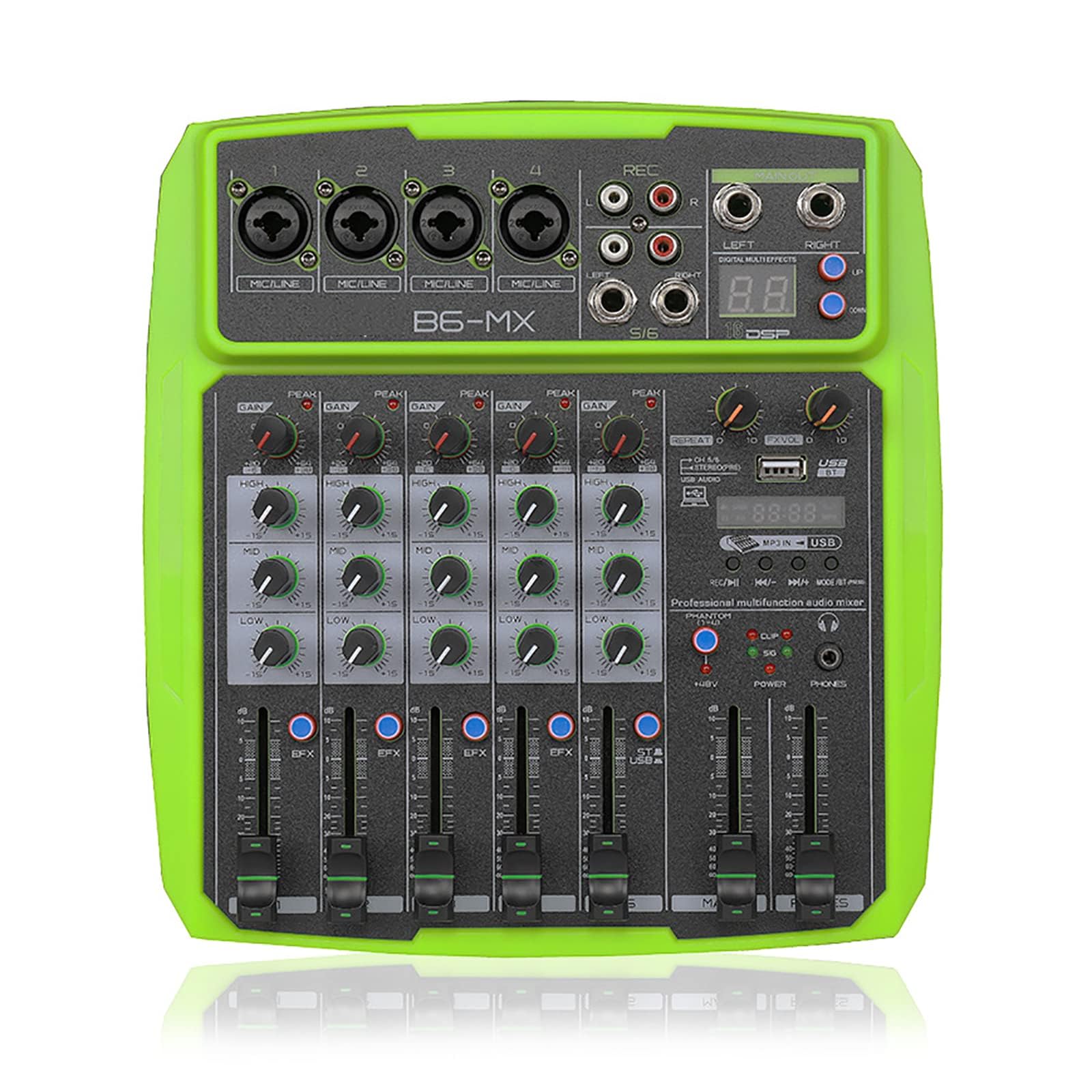 Mezclador de audio de 6 canales con Bluetooth, procesador de reverberación, alimentación Phantom de 48 V y 16 efectos DSP para transmisión en vivo, podcast y juegos