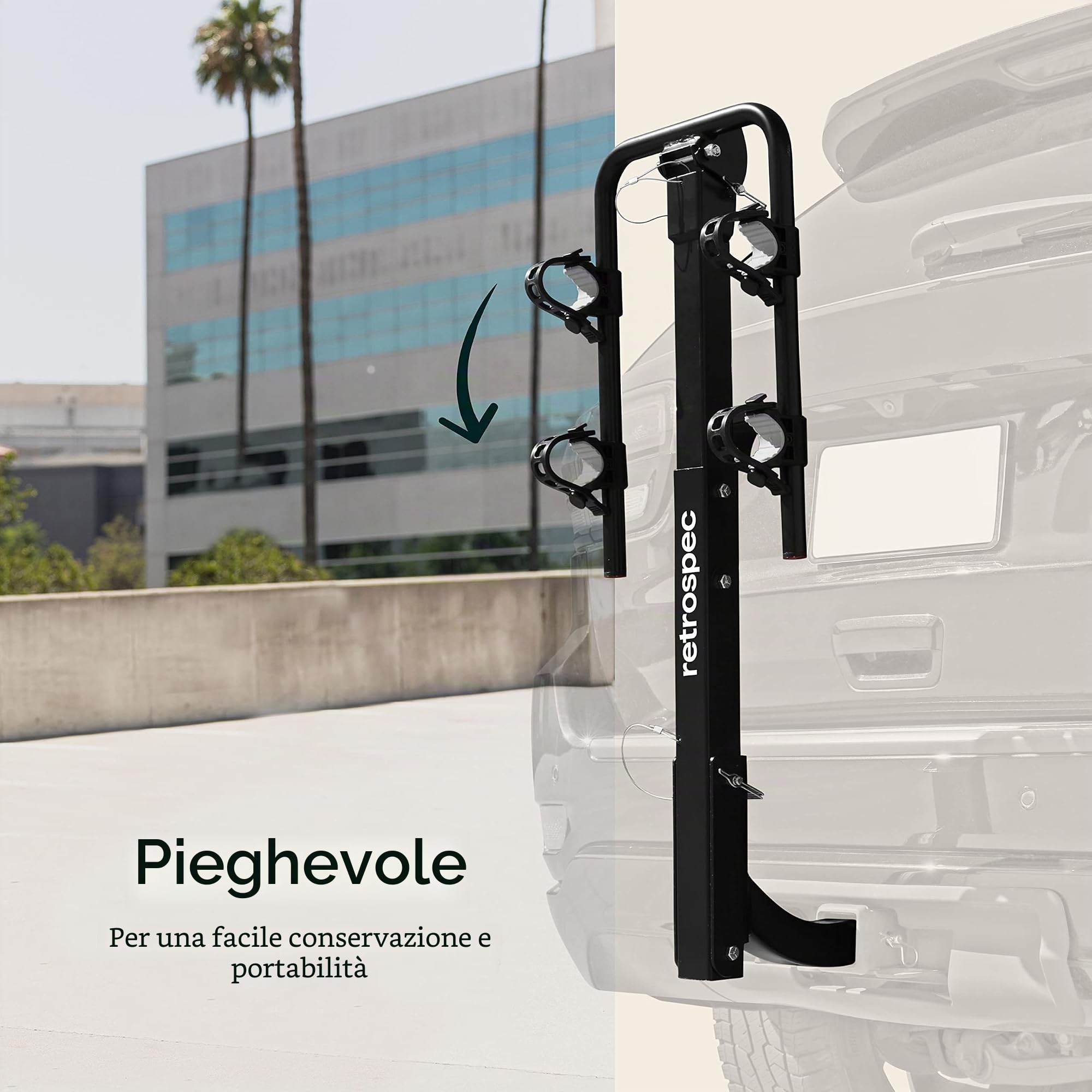 Retrospec Lenox 2-5 - Portabici per auto, con attacco traino da 2”, struttura pieghevole in acciaio, adattatore anti-vibrazione, cinghie per il fissaggio, adatta alla maggior parte dei telai, nero