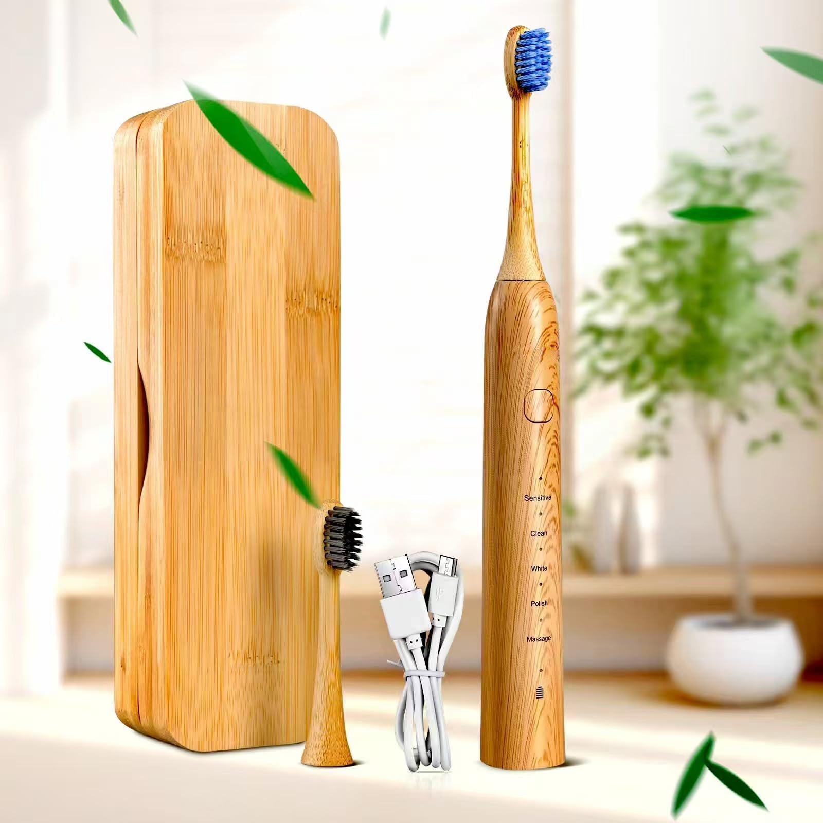 Sonic - Cepillo de dientes eléctrico de bambú con 2 cabezales de bambú con cerdas de aceite de ricino | 5 modos de limpieza ajustables, IPX7 mejorada a prueba de agua, funda de viaje
