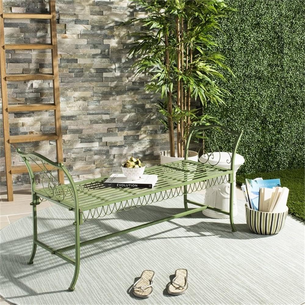 Pemberly Row Decorative Metal Garden Outdoor Bench, 25.25"H x 51"W x 17"D, Powder-Coated Antique Green Finish, Weather-Resistant, Classic Wire Design, Charming Seating for Patio, Garden, or Entryway