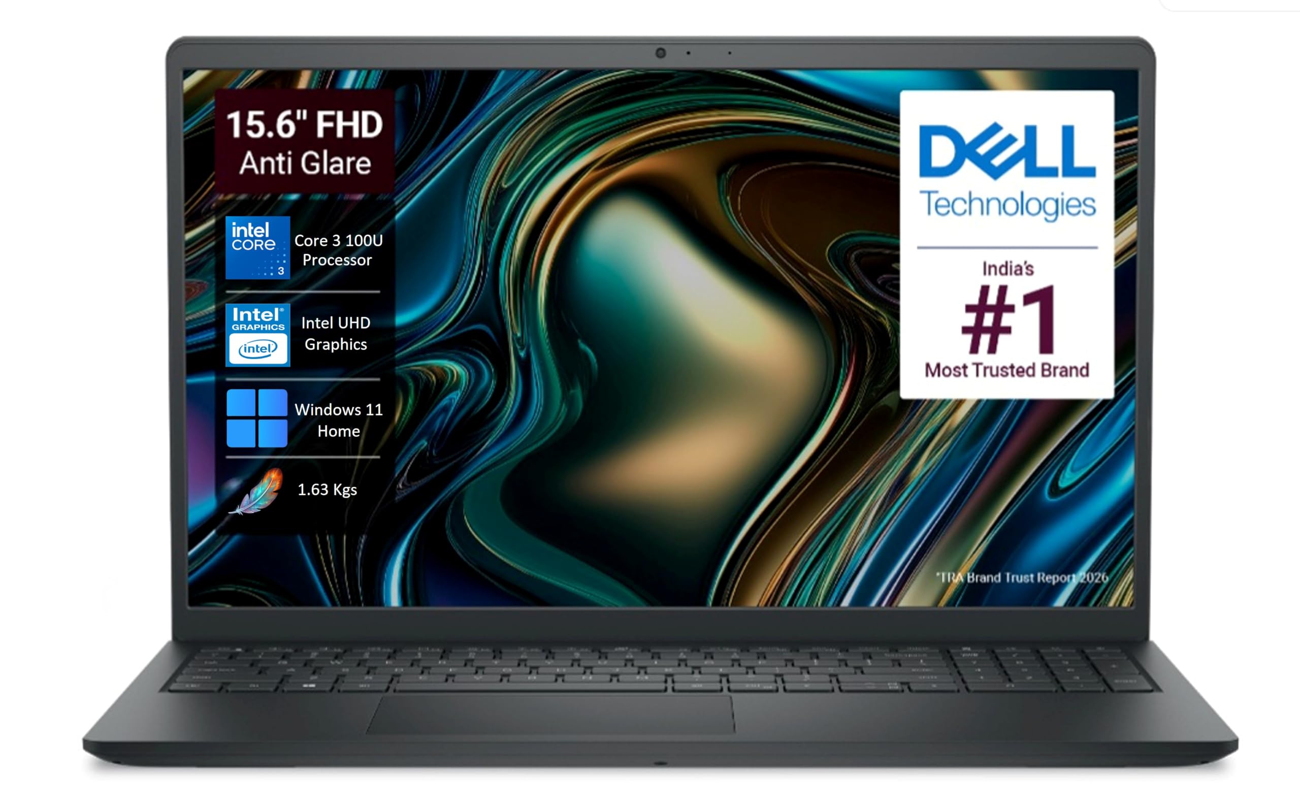 Dell 15 (Previously Inspiron) Laptop, 14th Gen Intel Core i3/Core 3 100U Processor, 16GB DDR4, 512 SSD, Intel UHD Graphics, 15.6" FHD 120Hz IPS AG 250 nit Display, Win 11 + Office 2024, Black, 1.63Kg — image 1 of 10