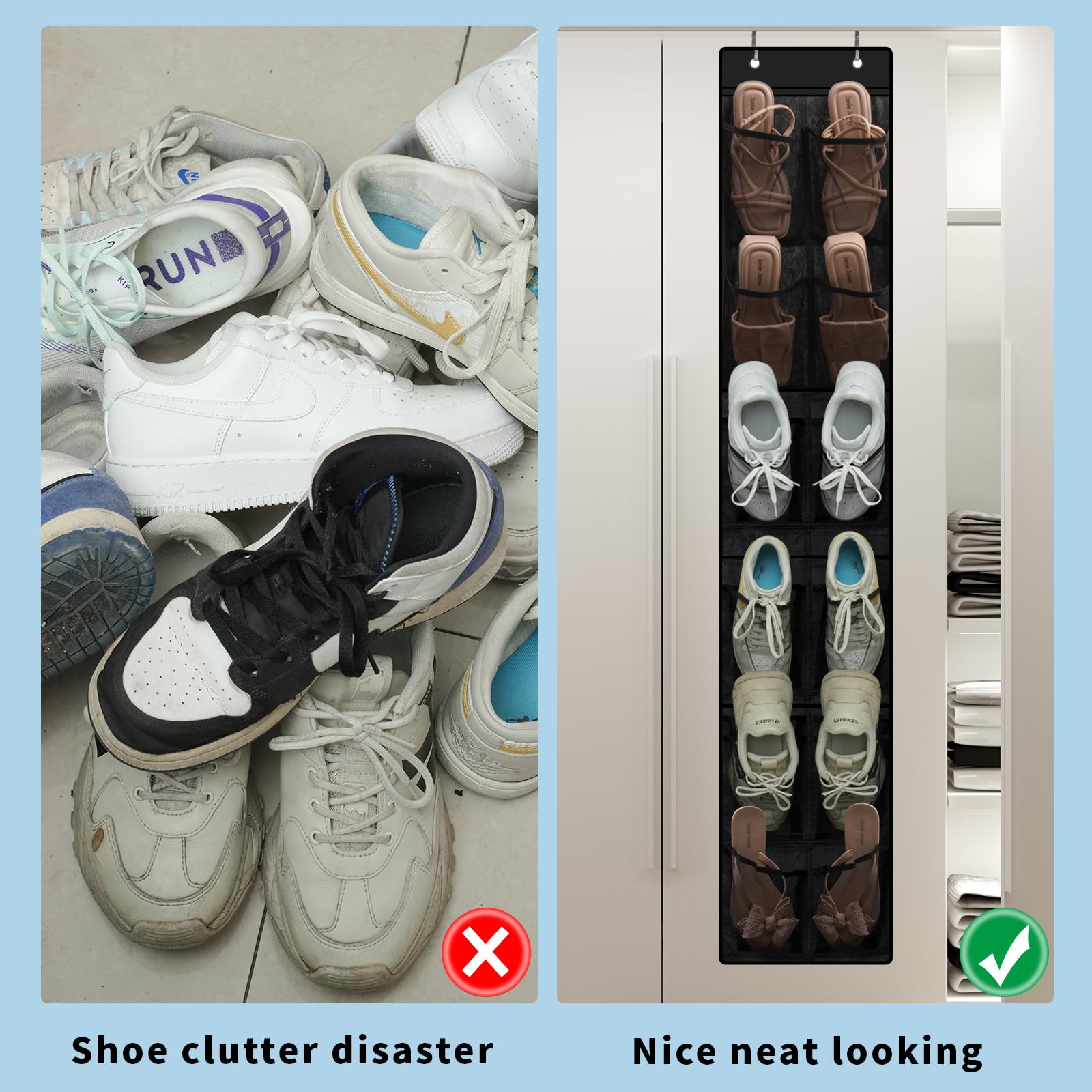 MSLOVE Organizador de zapatos estrecho para colgar sobre la puerta, 12 bolsillos grandes de malla para organizar y almacenar armarios, color negro, paquete de 2