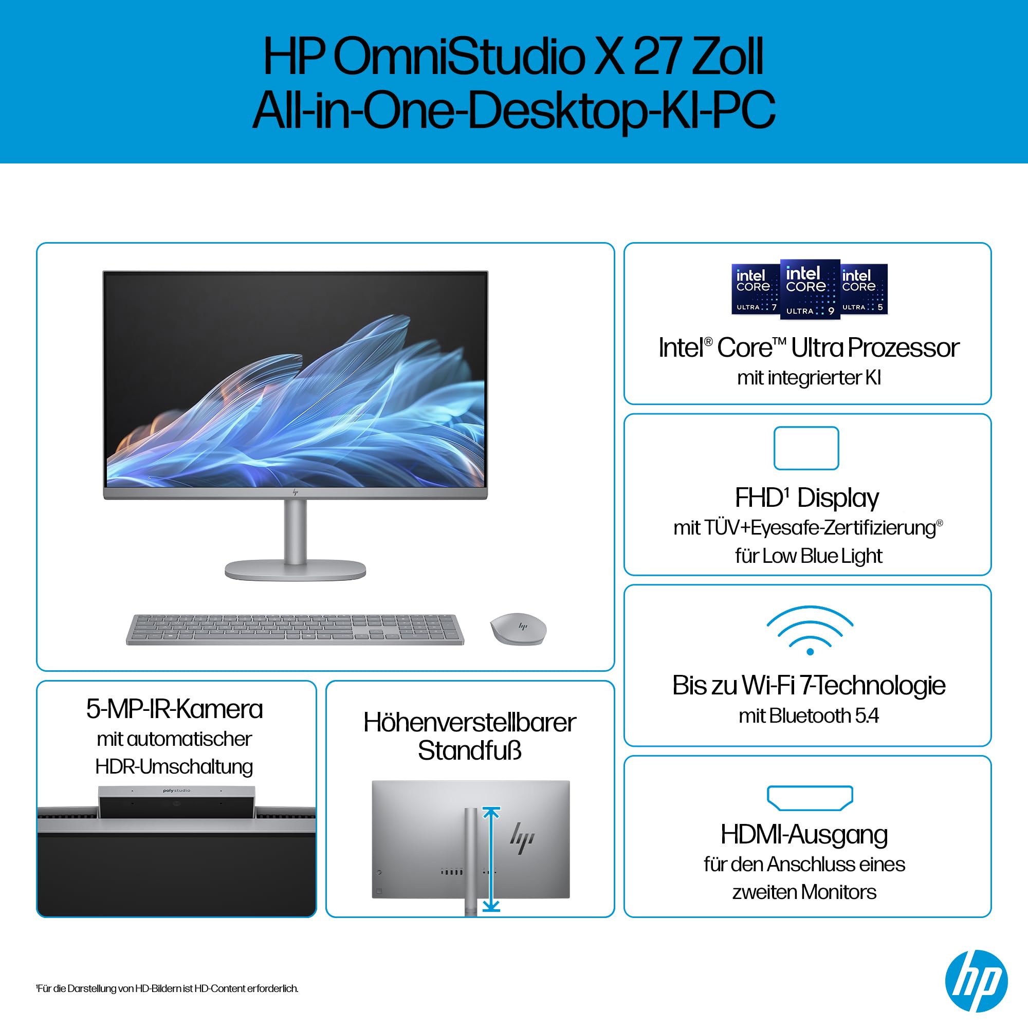 HP OmniStudio X 27-cs0273ng All-in-One KI PC, 27 Zoll Entspiegeltes FHD-Display, Intel Core Ultra 7 155H, 16 GB DDR5-SDRAM, 1 TB SSD, Intel Arc Graphics, Windows 11 Home, QWERTZ Tastatur, Silber
