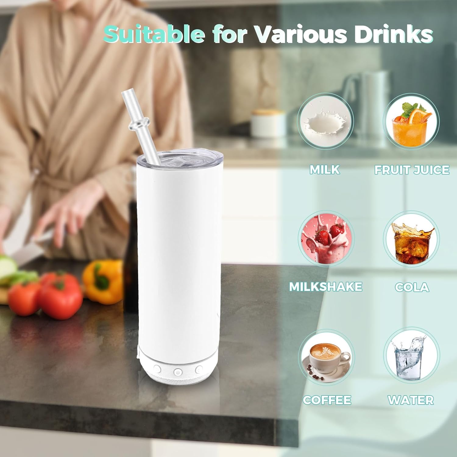 6pack 20oz cups Bluetooth Tumbler with Straw and Lid, Double-Wall Stainless Steel Vacuum Insulation Sublimation Tumbler Blank, RemovableRechargeable Bluetooth Wireless Speaker (white)