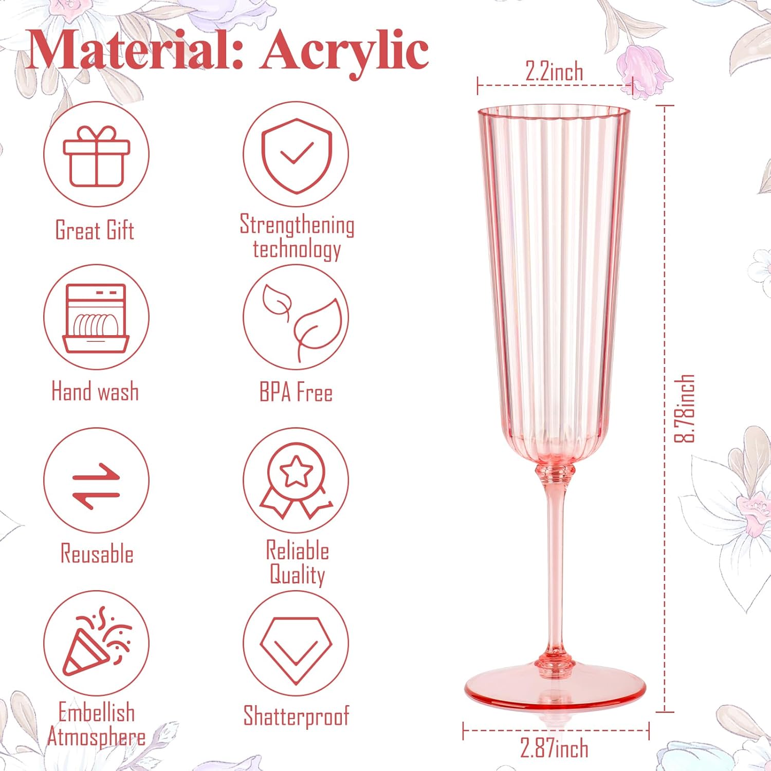 24 Pack Plastic Champagne Flutes Pink Unbreakable Ribbed Champagne Glasses Detachable 5.5 Oz Disposable Stemware Glasses Wine Toasting Cups for Wedding Valentines Engagement Pink Themed Party