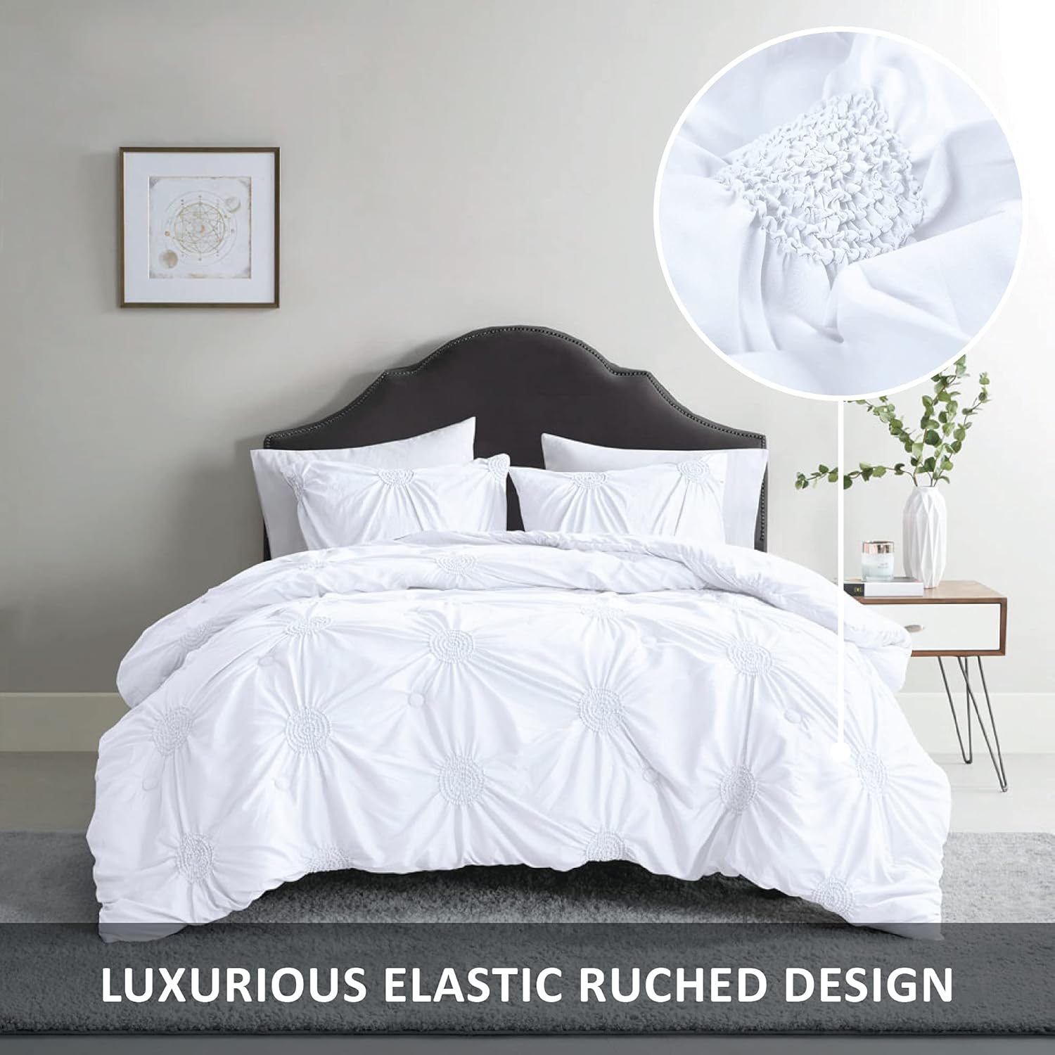 Comfort Spaces Comforter Set - Elastic Ruched Medallion Design, Modern Bedding All Season Cover with Hypoallergenic Filling, Matching Shams, Carrying Bag Included, Full/Queen, White 3 Piece