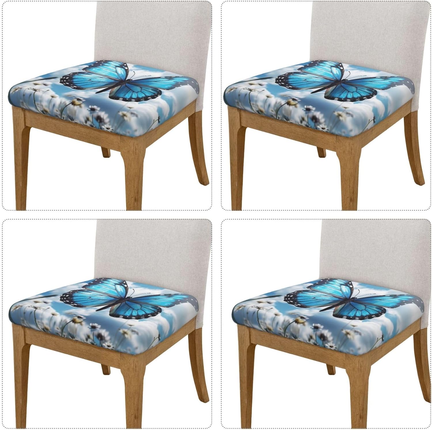 Blue Butterfly and Clouds Square Stool Covers Four Pieces Stretch Bar Stool Seat Covers Removable Chair Cover Protector Soft Milk Silk Stool Slipcover Washable Square Stool Cushion Cover