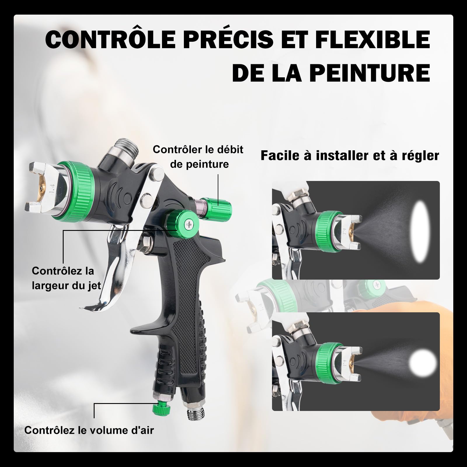 HVLP Professionnel Pistolet à Peinture Carrosserie Alimentation par Gravité 3 Buses 1,4/1,7/2,5mm Coupelle 600cc par gravité et Jauge de Pression HVLP Meubles de Voiture Pistolet de réparation (Vert)