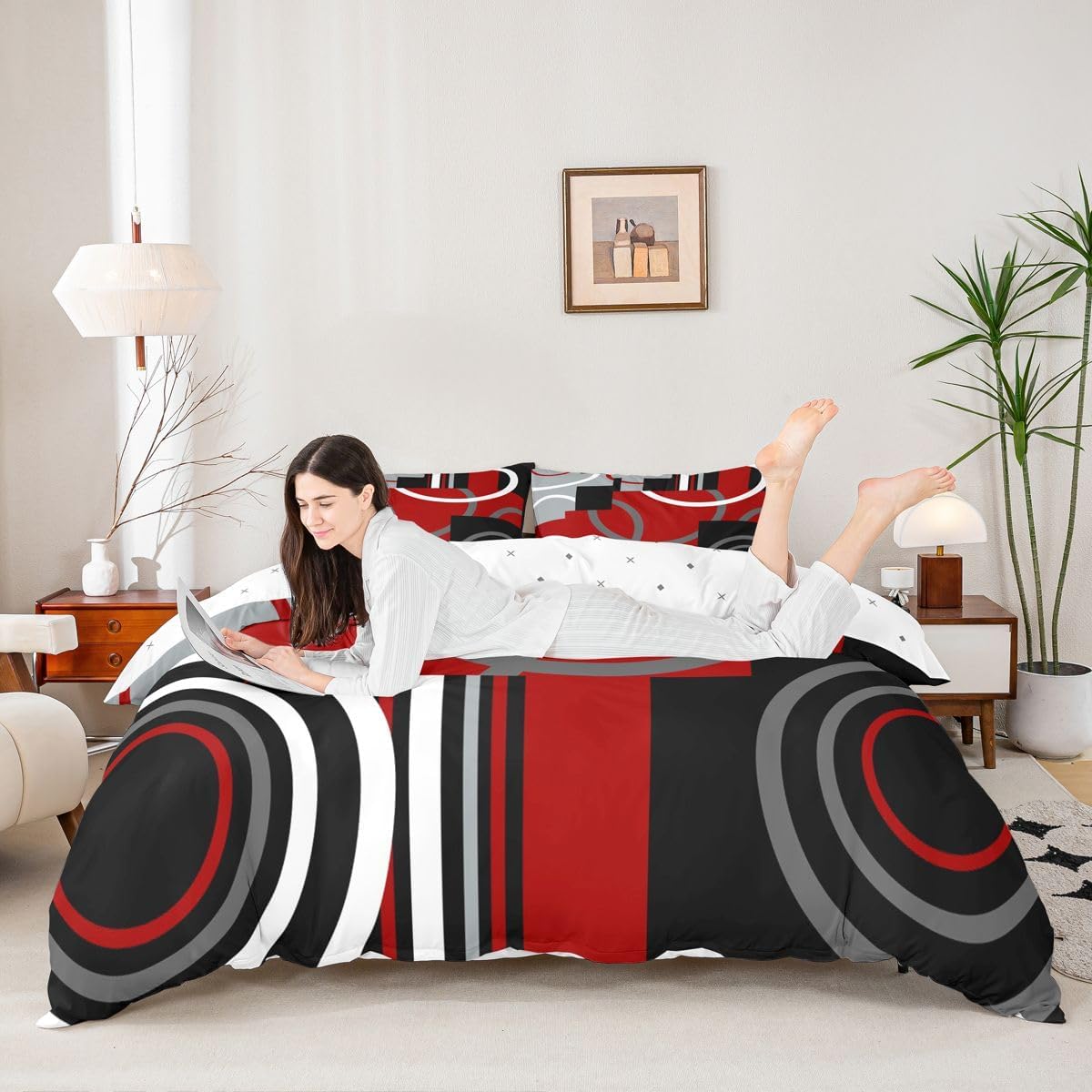 Feelyou Kids Red and Black Bedding Set Full Size Circle Duvet Cover for Boys Girls Teens Bedroom Decor Geometric Square Comforter Cover Set Modern Art Red Bedspread Cover with 2 Pillow Cases
