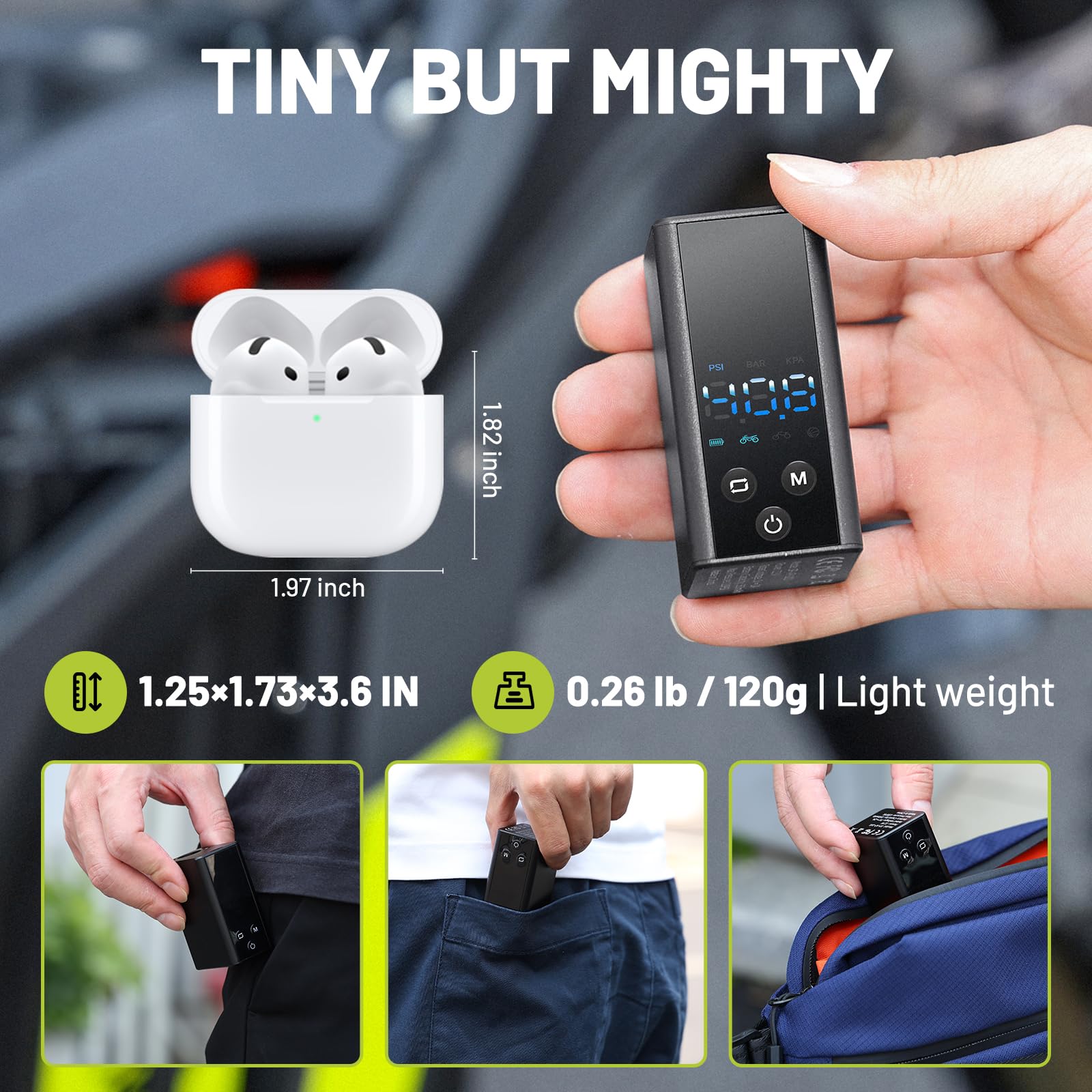 Mini pompe à vélo avec jauge, pompe à pneu de vélo électrique portable 120 psi, pompe à air rechargeable pour route, montagne, vélo électrique et ballon pour valve Schrader et Presta