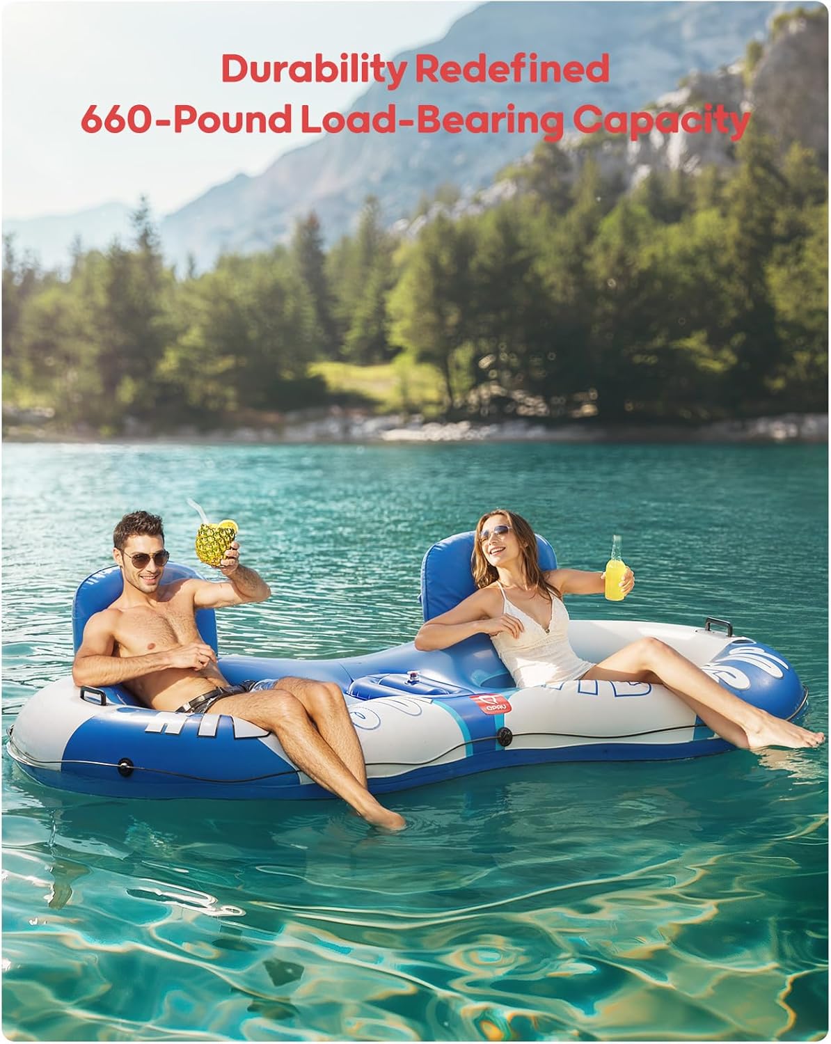 QPAU Inflatable Double River Tube, 2 Person 660lb Capacity, Puncture-Resistant 93" Sturdy Heavy Duty River Float, River Raft with Ergonomic Backrest, Cooler & Cup Holders for Family