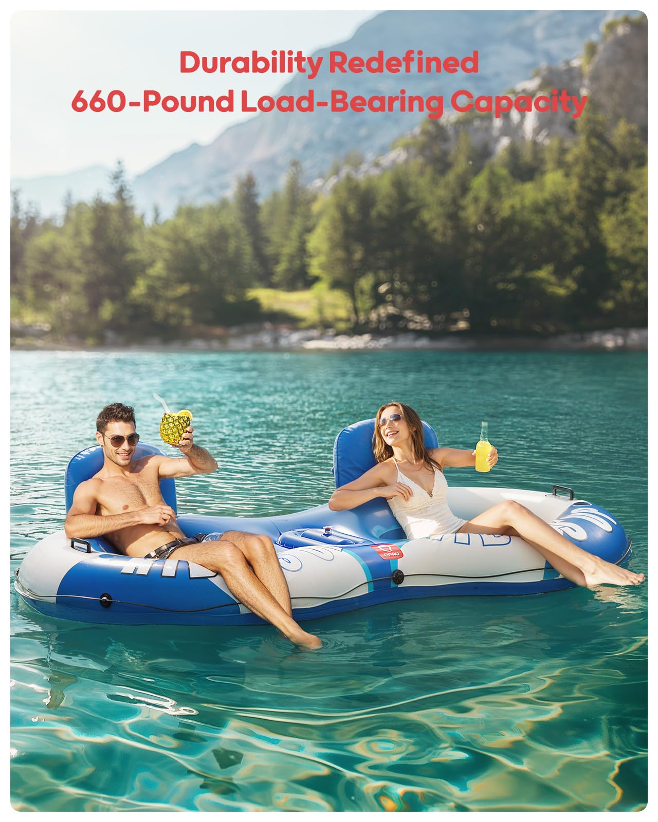 QPAU Tubo de flujo doble inflable, capacidad de 660 lb, resistente a perforaciones de 93 pulgadas, flotador de río resistente, balsa de río con respaldo ergonómico, radiador, soporte para copa