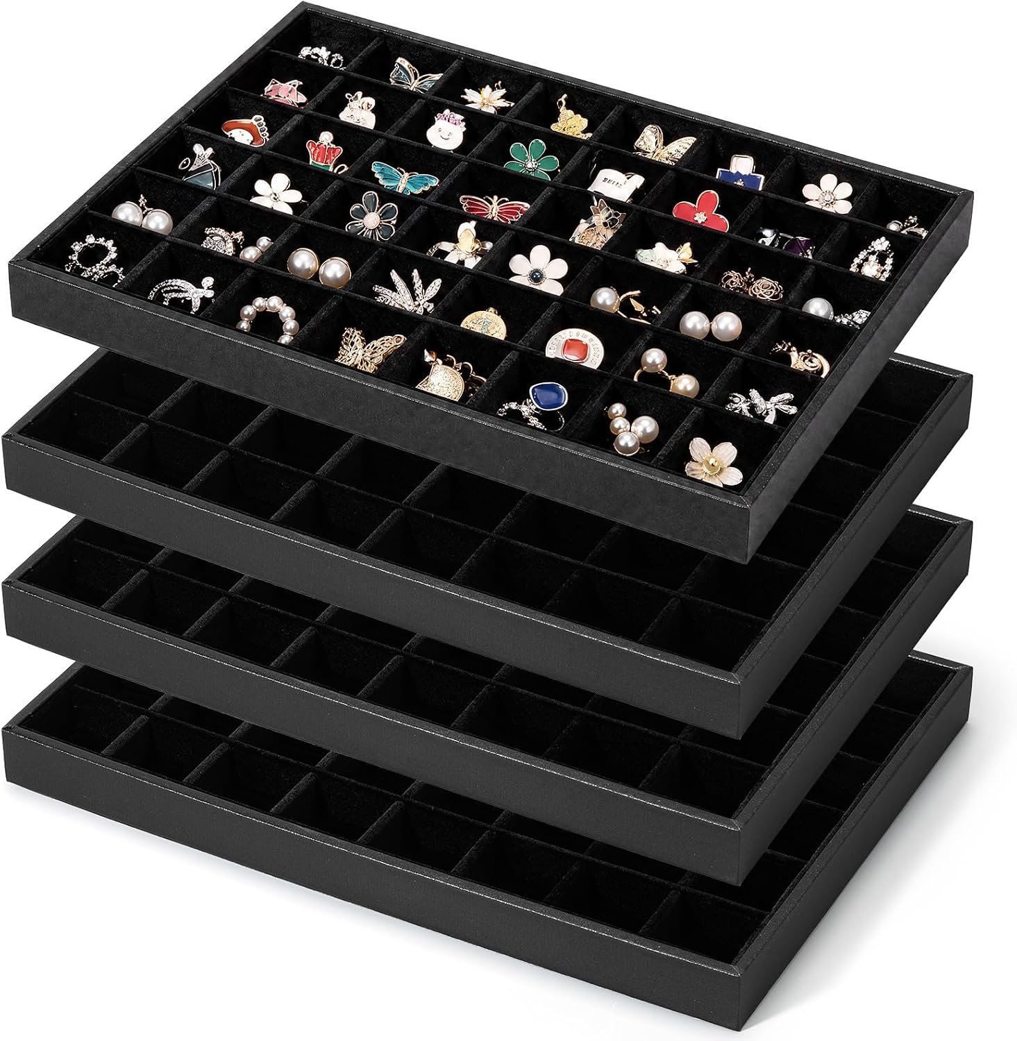 Wenqik 4 Pack Large Black Velvet Jewelry Trays Bulk Drawer Inserts 48 Grids