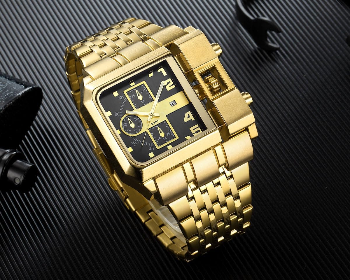 Reginald Hip hop 53MM Men's Large Face Watch for Men Square Novel Face Dial Stainless Steel Quartz Leather Strap Watches