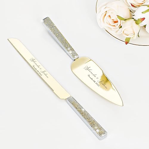 Juego de cuchillos y servidores para tartas de boda, juego de corte de tartas personalizado, cortadores de tartas elegantes grabados con diamantes